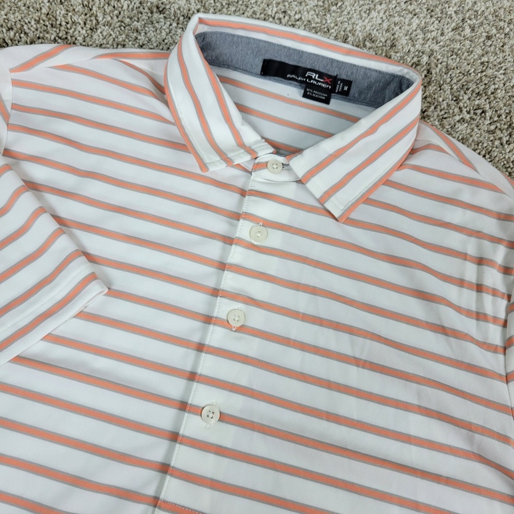 RLX Ralph Lauren Mens Medium White Orange Striped Performance Stretch Polo SS